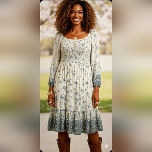 Boho Floral Cottage Smocked Soft Stretch Slip-On Midi Dress New